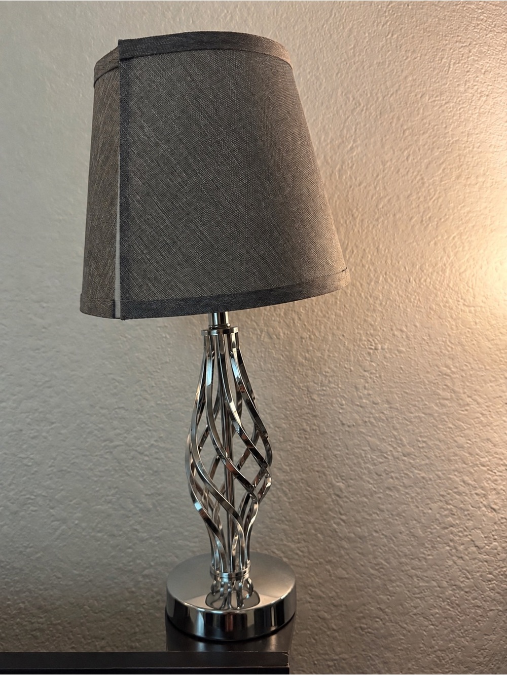 Amazon Gray Fabric Shade Lamp with Twisted Chrome Base